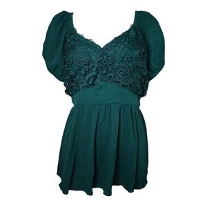 Torrid Top Womens Plus Size 00 Green‎ Lace Crinkle Gauze Boho Puff Babydoll